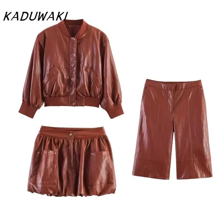 Ensemble jupe et veste bomber chic en similicuir pour femme KADUWAKI