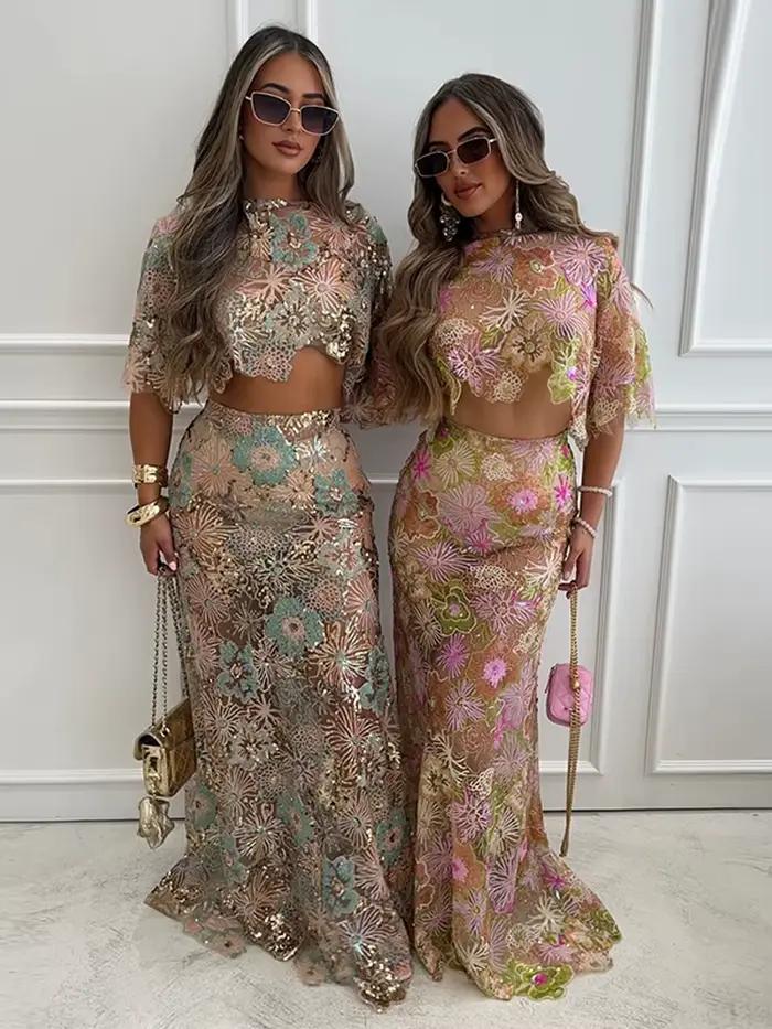 Rétro brodé paillettes haut jupe longue ensemble dame Sexy irrégulière hauts courts Perspective perles jupes ensembles femmes 2025 Chic rue