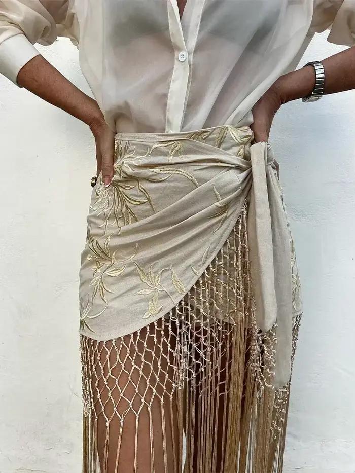 Mini jupe à franges brodée pour femmes