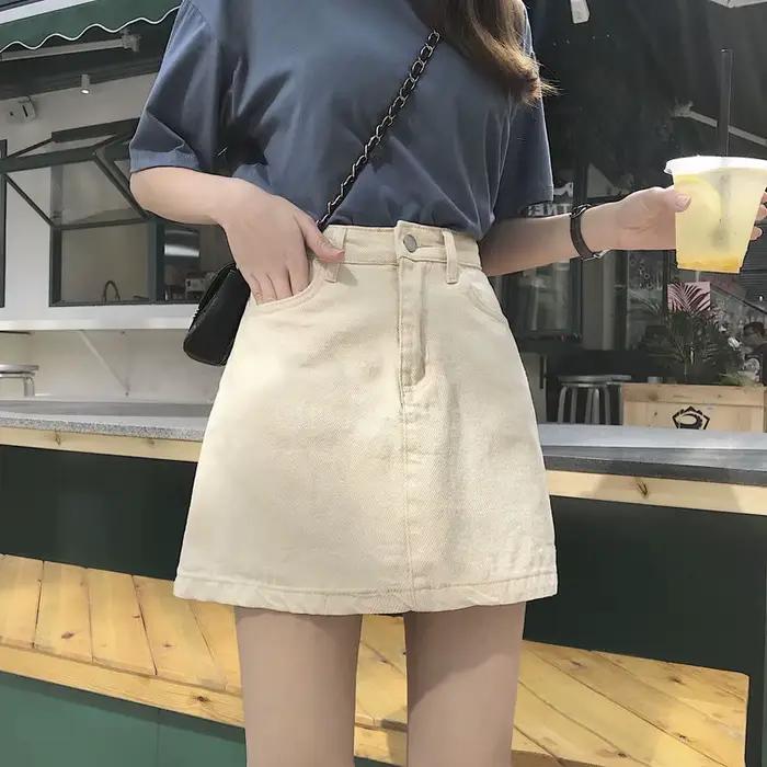 Jupes en jean femmes été solide blanc noir basique taille haute jupe courte Femme a-ligne