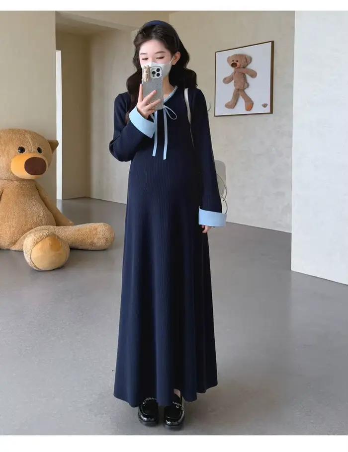 Robe de maternité printemps-automne, style preppy, mignonne, douce, polyvalente, confortable, à manches longues, en tricot, pour femmes enceintes