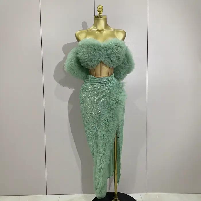 Paillettes brillantes haut jupe courte deux pièces ensemble 2025 femmes Sexy célébrer soirée bal fête d'anniversaire robe discothèque scène tenue