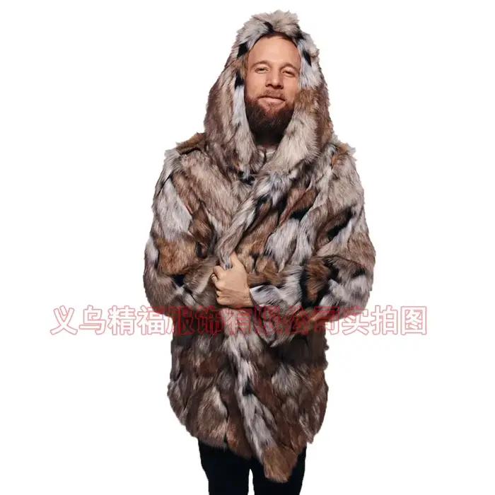 Hommes fausse fourrure veste manteau à capuche mi-longue pardessus hiver chaud épais moelleux Shaggy Vintage affaires décontracté 2025 vêtements d'extérieur