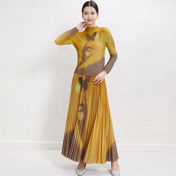 Livraison rapide ensembles de jupes femmes 2 pièces tenues Miyake conception plissée automne ensembles femmes 2025 jupe ensemble pour les femmes