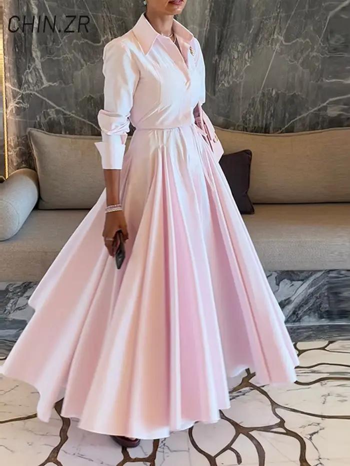 Ensemble élégant chemise et jupe pour femme, chemisier à revers avec boucle dissimulée, jupe longue plissée trapèze, collection Printemps 2026, ensemble 2 pièces pour le bureau