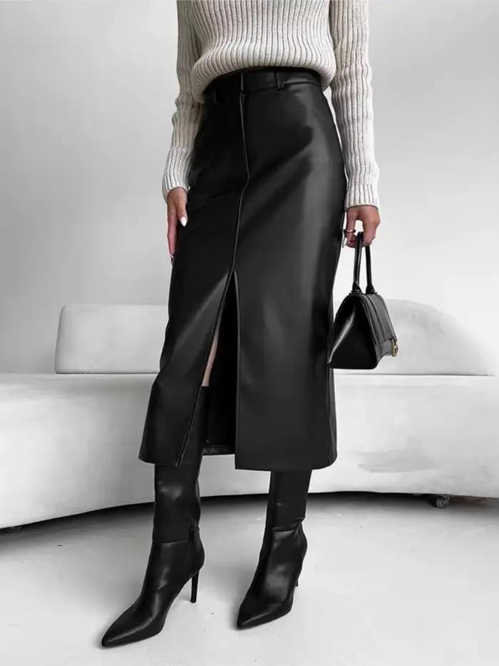 Jupe en cuir taille haute femmes fente avant printemps automne