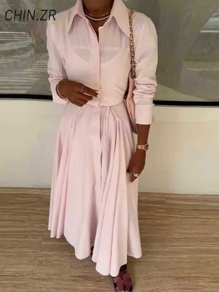 Ensemble élégant chemise et jupe pour femme, chemisier à revers avec boucle dissimulée, jupe longue plissée trapèze, collection Printemps 2026, ensemble 2 pièces pour le bureau