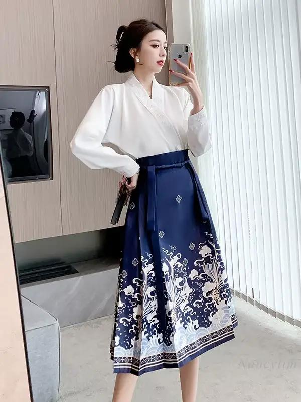 Jupe visage de cheval améliorée de style chinois pour femmes, jupes Hanfu Piedmont, tenues de rue pour dames, nouveau, printemps et été, 2024