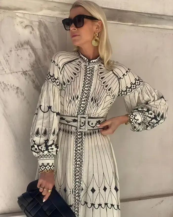 Robe longue élégante rétro à col montant pour femme