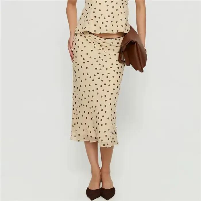 Jupe longue sirène fluide à pois en mousseline rétro taille haute pour femme avec ourlet à volants