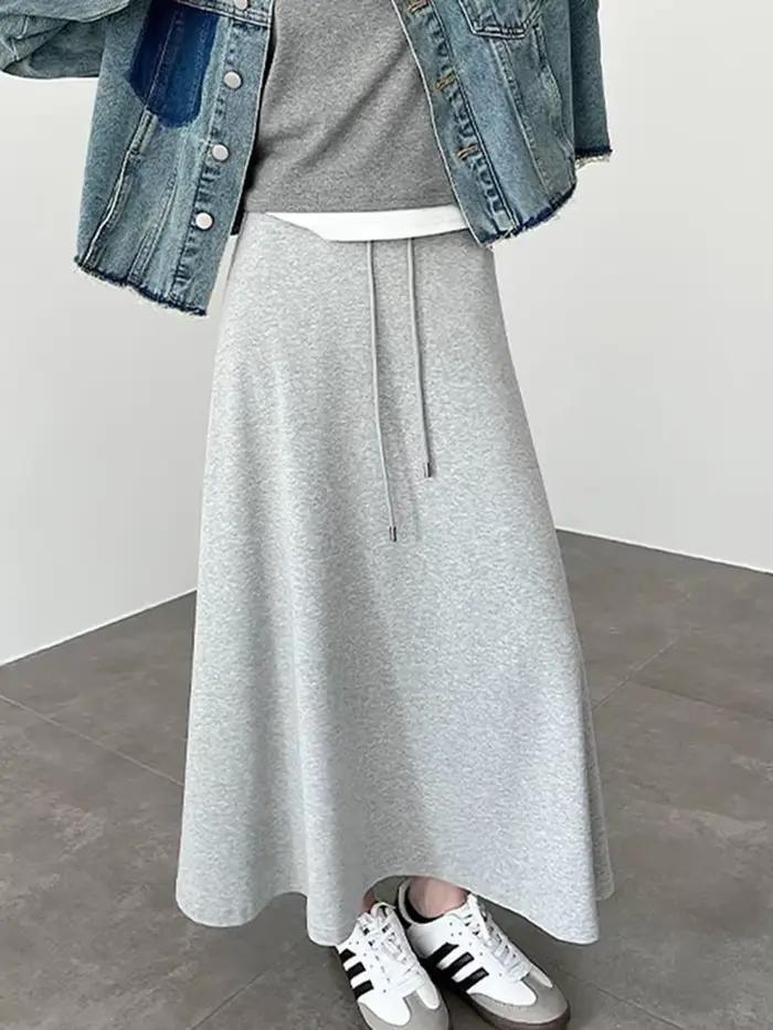 Décontracté coréen gris jupes longues femmes taille haute Style Preppy jupe mignonne printemps Vintage femme élégante Simple une ligne jupes