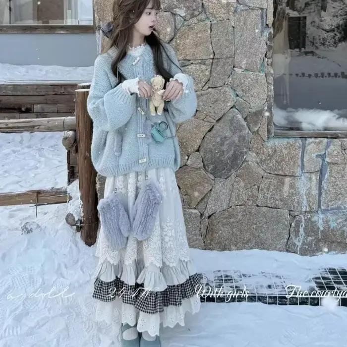 Femmes doux Vintage Mori fille Style taille haute épissage Plaid jupe longue hiver nouvelle mode coréenne Beige dentelle Kawaii jupes Maxi