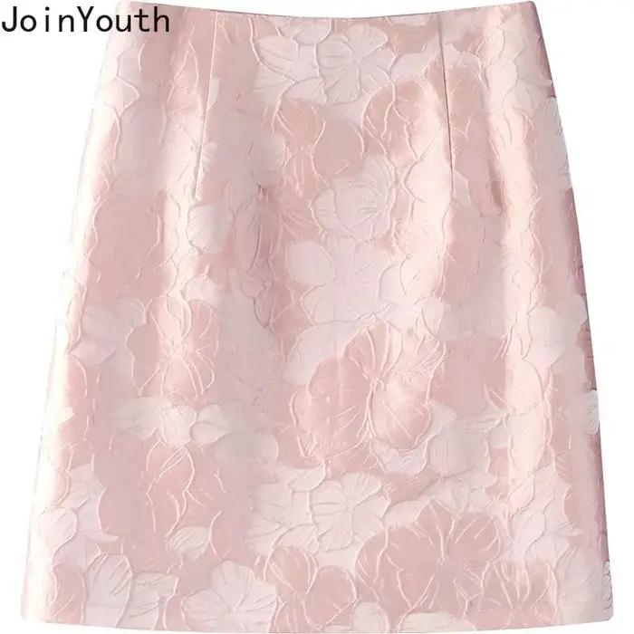 Jupe Jacquard pour femmes 2025 Faldas Mujer De Moda taille haute tunique rose