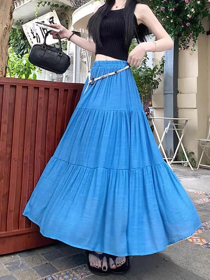 Jupe midi bohème en coton et lin pour l'été : jupe longue plissée fluide coupe trapèze avec effet amincissant et design dissimulant les hanches, idéale pour les vacances à la station balnéaire