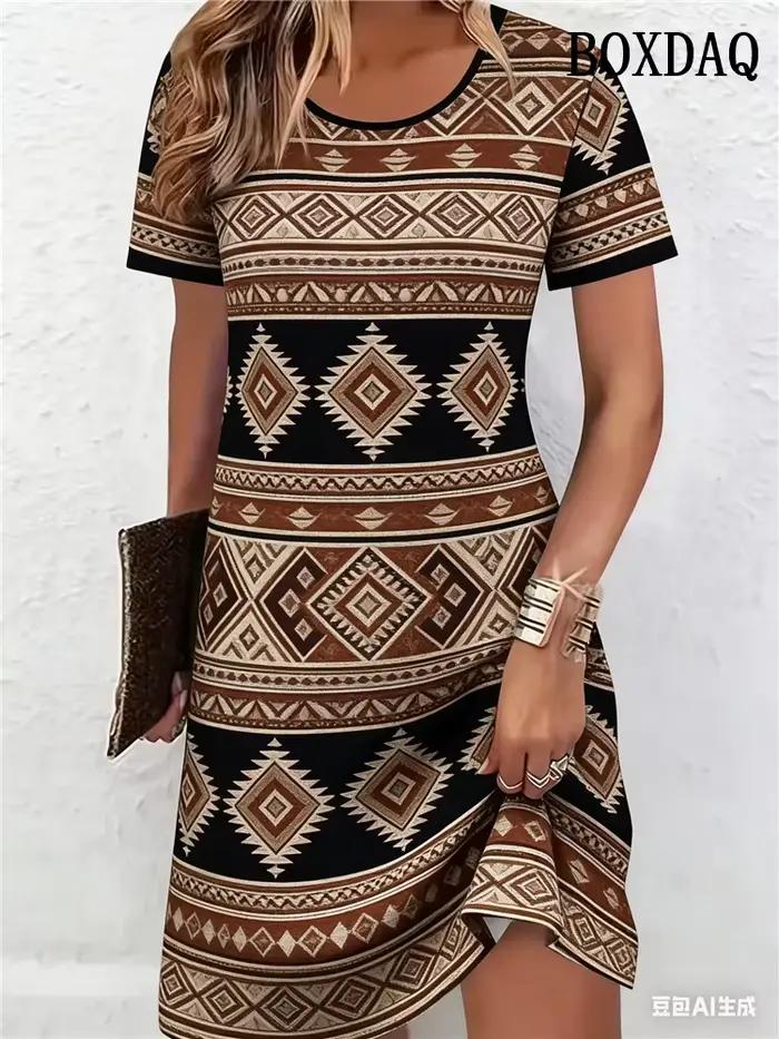 Robes pour femmes à motif ethnique, impression 3D, mode été 2026, manches courtes, coupe ample, style A, vêtements décontractés pour femmes