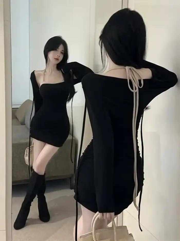 Mini Robe élégante, Sexy, à bretelles, moulante, noire, tunique, Design Chic, assortie avec tout, Simple