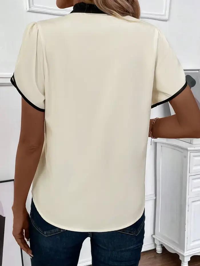 Chemisier Chic Basique Femme Printemps-Été Blanc Crème Noir Col Nœud Papillon Manches Courtes Bouffantes Élégant pour la Saint-Valentin Tenue de Bureau