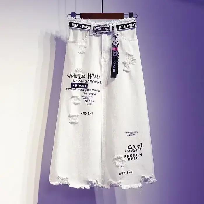 Jupe en jean blanche pour femmes, jupes longues avec lettres imprimées, style coréen, mode gothique, nouveau