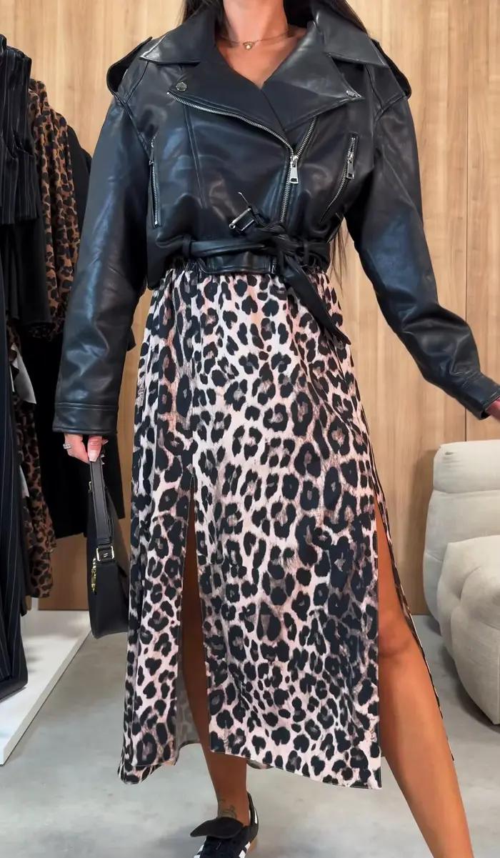 Jupe longue mi-mollet pour femme à imprimé léopard