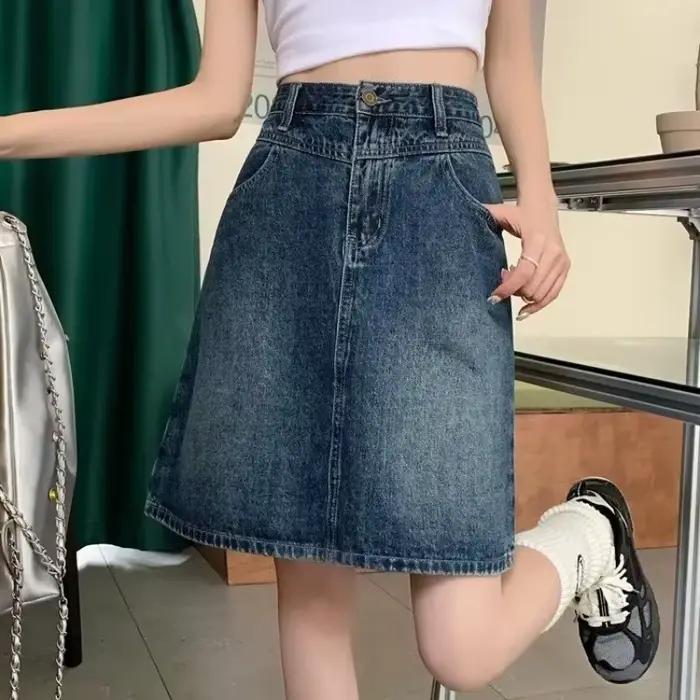 Mini jupe en Denim délavé rétro, taille haute, amincissante, ligne a, demi-corps, jupe enveloppante, en coton tricoté, fermeture éclair, décoration
