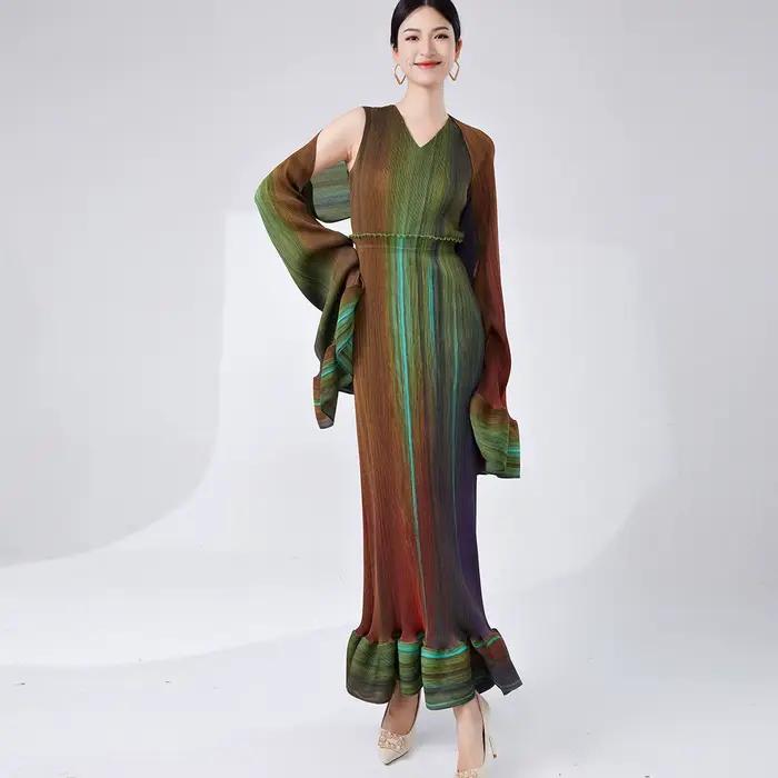 Robe longue plissée à effet dégradé, robe deux pièces élégante et amincissante, robe de soirée haut de gamme