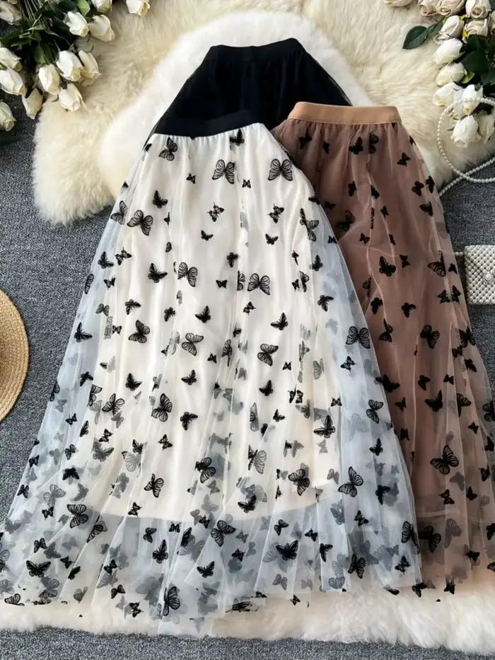 Jupe élégante pour femme, taille haute, coupe trapèze, brodée, en résille, style féerique, amincissante, couvrant les hanches, longueur midi 2026