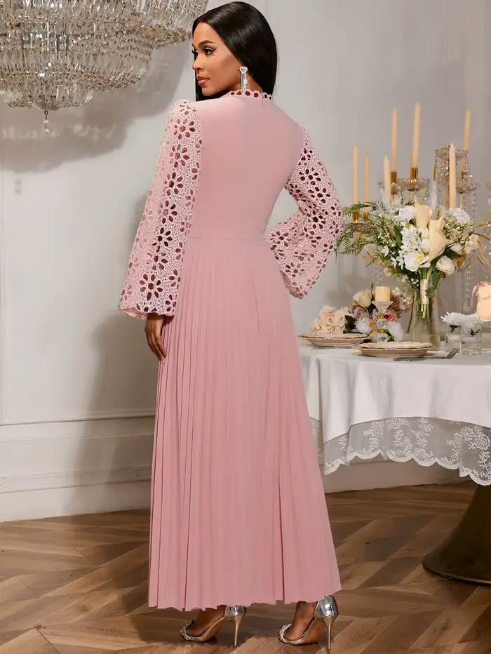 Robe longue plissée en dentelle Patchwork rose, col rond, manches lanternes, élégante, décontractée, tenue de bureau, longueur cheville