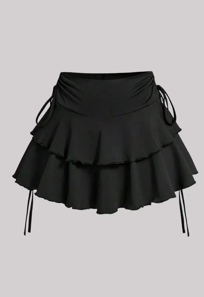 Mini-jupe à volants superposés pour femmes grandes tailles avec cordon de serrage latéral