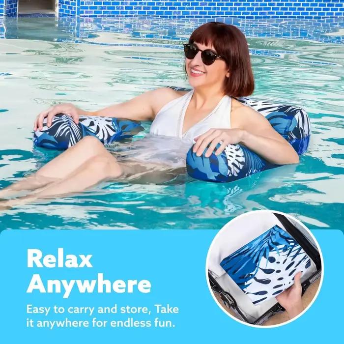 Chaise longue gonflable à imprimé végétal avec porte-gobelet, siège pliable et portable pour la plage, le lac, la piscine, utilisation en extérieur