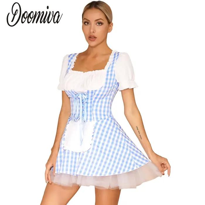 Robe vichy bleue pour femmes, imprimé écossais, manches courtes, en Tulle, conte de fées, Halloween, Costume de Cosplay, robes de fête de carnaval