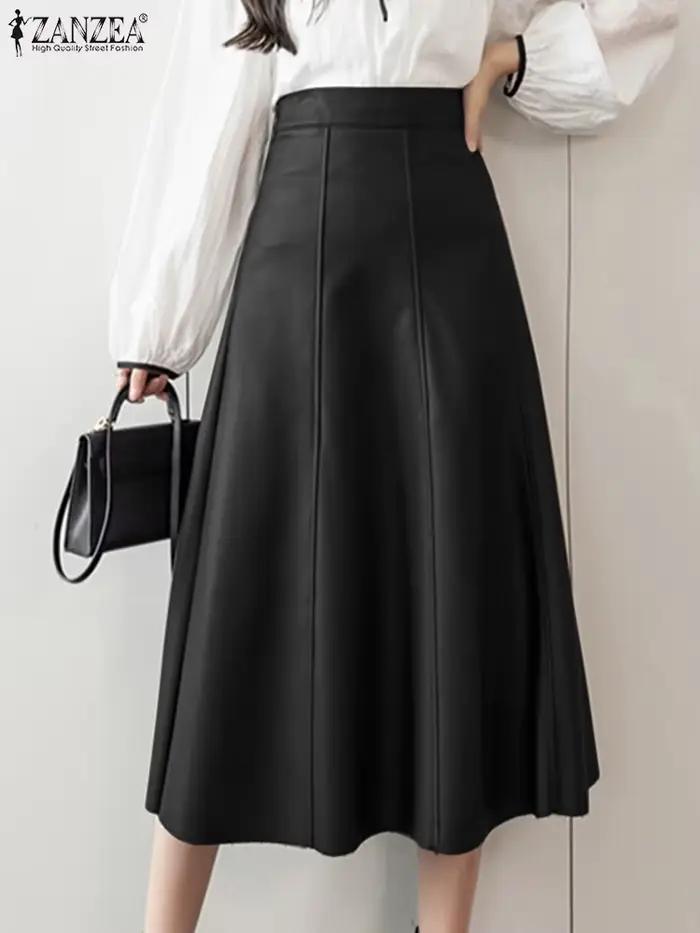 Jupe mi-longue en cuir PU pour femme