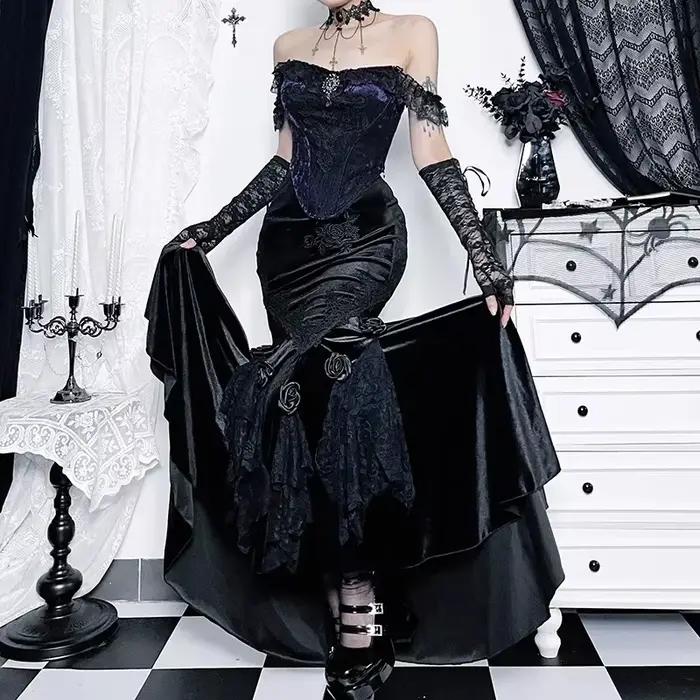 Mall Goth velours queue de poisson jupe femmes Vintage Jacquard hanche enveloppement fée Grunge