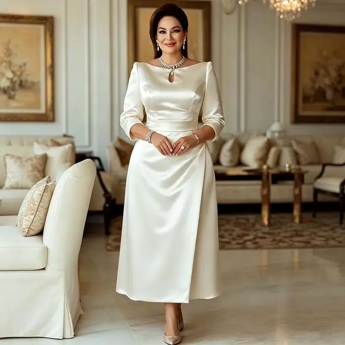 Robe de Cérémonie Élégante Personnalisée pour Mère de la Mariée, Longueur Midi, Manches 3/4, Col Bateau, Découpes, Robe de Cocktail pour Invitée de Mariage 2026
