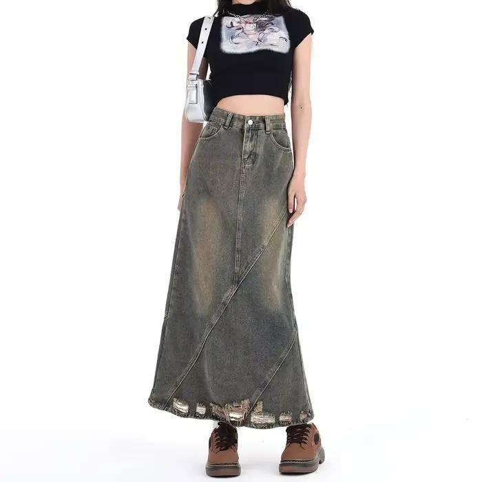 Jupe en jean taille haute rétro pour femmes