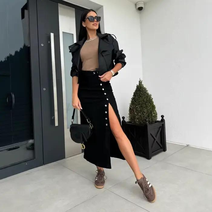 Automne femmes taille haute rétro bouton irrégulier jupe fente lavé bleu Denim jupes femme paquet hanche jean