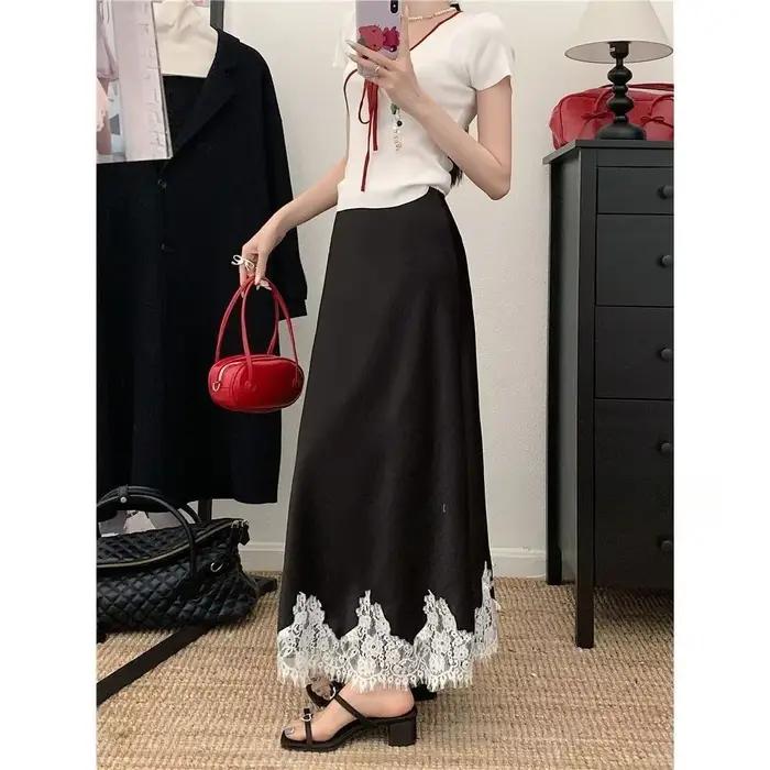 Jupe Sirène en Satin et Dentelle Polyester Taille Haute Coupe Trapèze Élégante Femme Occasions Spéciales