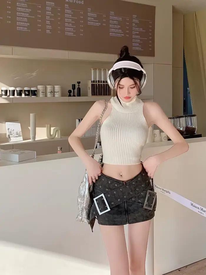 Demi-jupe en denim avec ceinture asymétrique pour femme, streetwear sexy, design décoratif, nouvelle collection été 2023