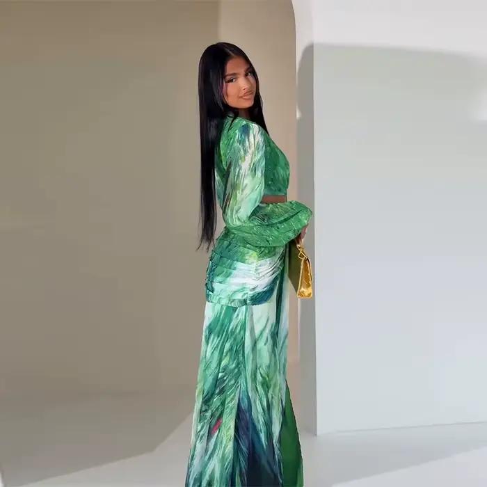 Ensemble 2 pièces jupe fendue pour femmes, costume de plage, haut imprimé, jupes longues, longueur au sol, tenues pliables, col en V, Ensemble Sexy d'été 2025