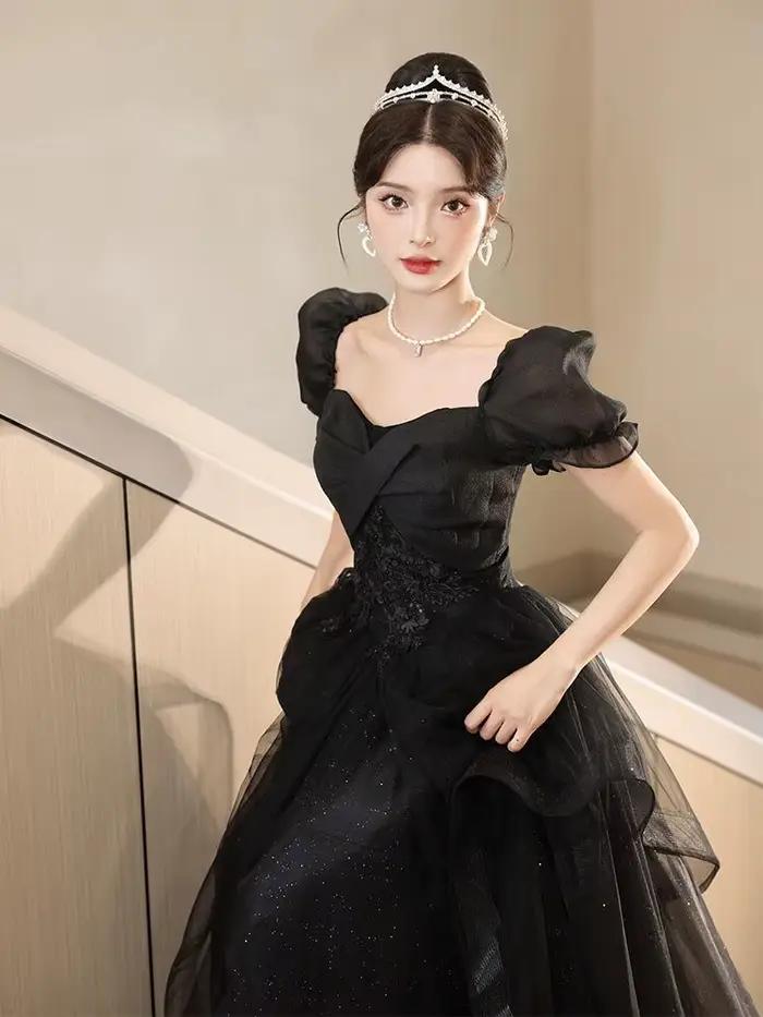 Robe de Soirée Longue Noire pour Femme, Tenue Française, Haut de Gamme, Manches Bouffantes, Demoiselle d'Honneur, Mariage, Nouvelle Collection