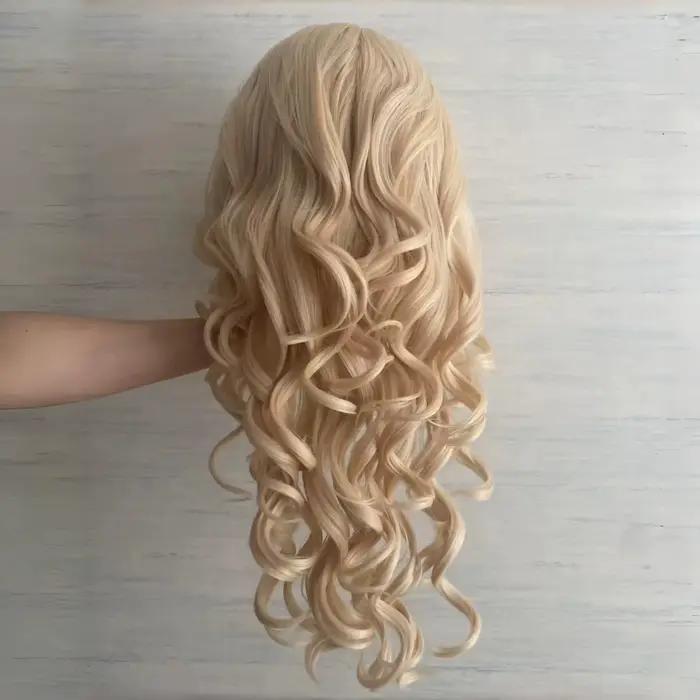 Perruque Lace Front Wig synthétique bouclée et ondulée, Blonde longue, 13x4, avec raie centrale, blond miel fraise, résistant à la chaleur, Cosplay pour femmes