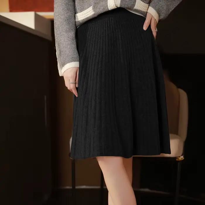 Femmes élégantes 100% laine tricoté jupe mode coréenne solide décontracté une ligne dames plissée