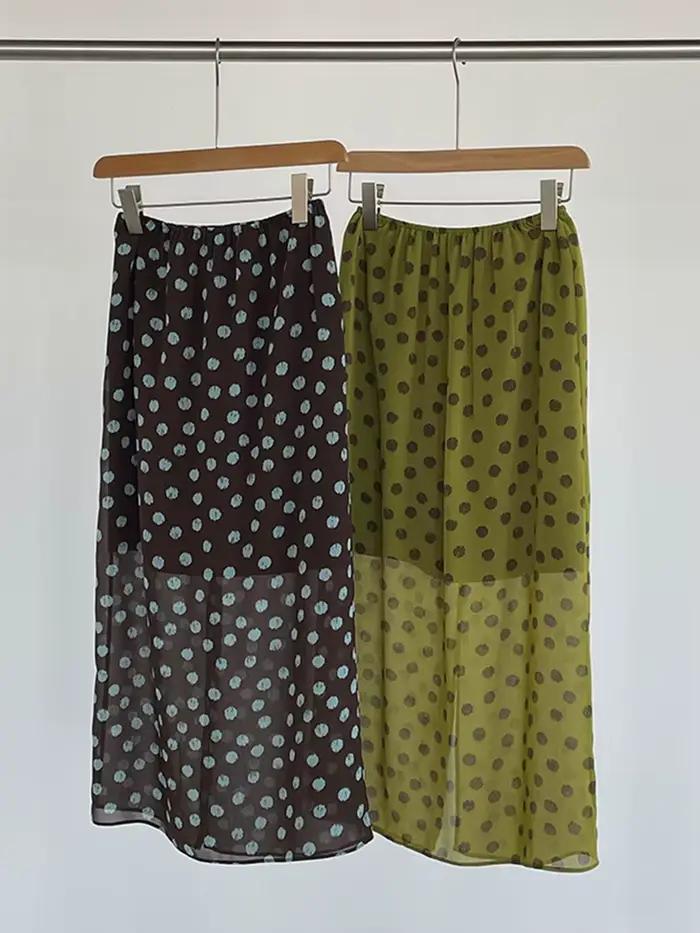 [EAM] Jupe mi-longue trapèze en mousseline à pois verts, taille haute élastique, fente arrière, pour femme, nouvelle collection Printemps-Été 2026, 1DJ8180