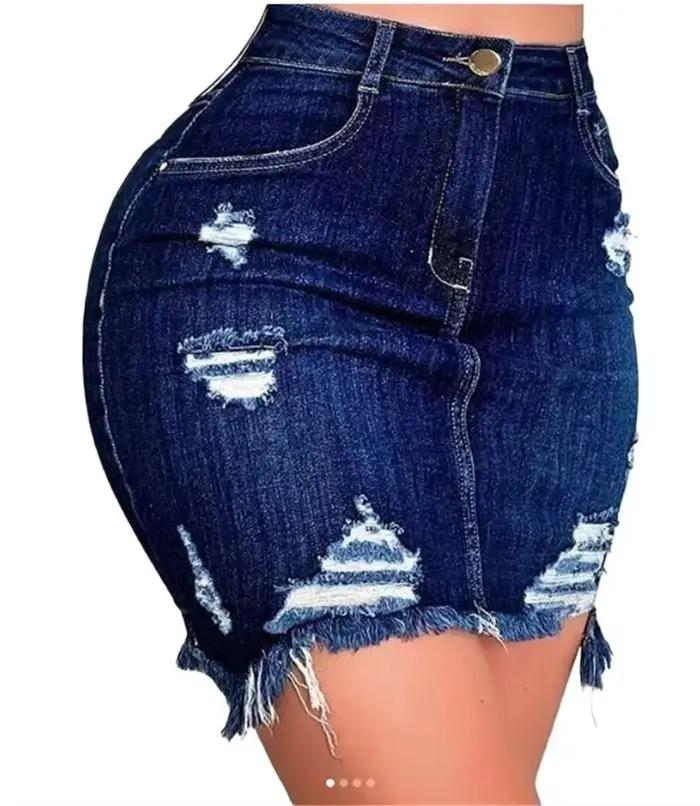 Automne femmes mode Denim jupe déchiré hanche en détresse taille haute bouton crayon jupes femme décontracté été jean