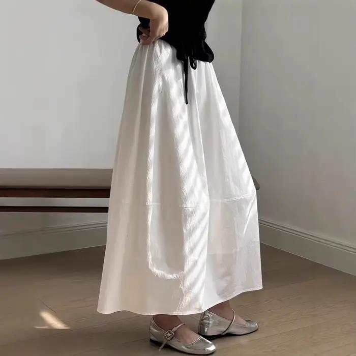 Jupe longue évasée taille haute pour femme, coupe ample, taille élastique, couleur unie blanche, style vintage décontracté, idéale pour l'été