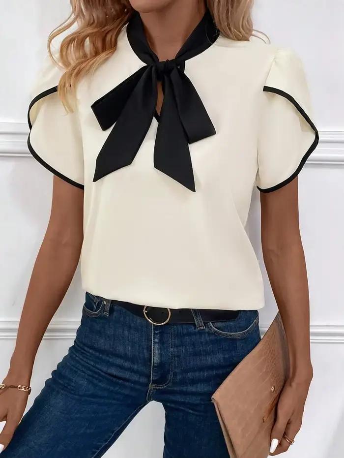Chemisier Chic Basique Femme Printemps-Été Blanc Crème Noir Col Nœud Papillon Manches Courtes Bouffantes Élégant pour la Saint-Valentin Tenue de Bureau