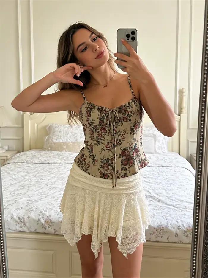 Jupe mini femme élastique haute taille dentelle irrégulière jupe d'été streetwear décontractée quotidienne style moderne