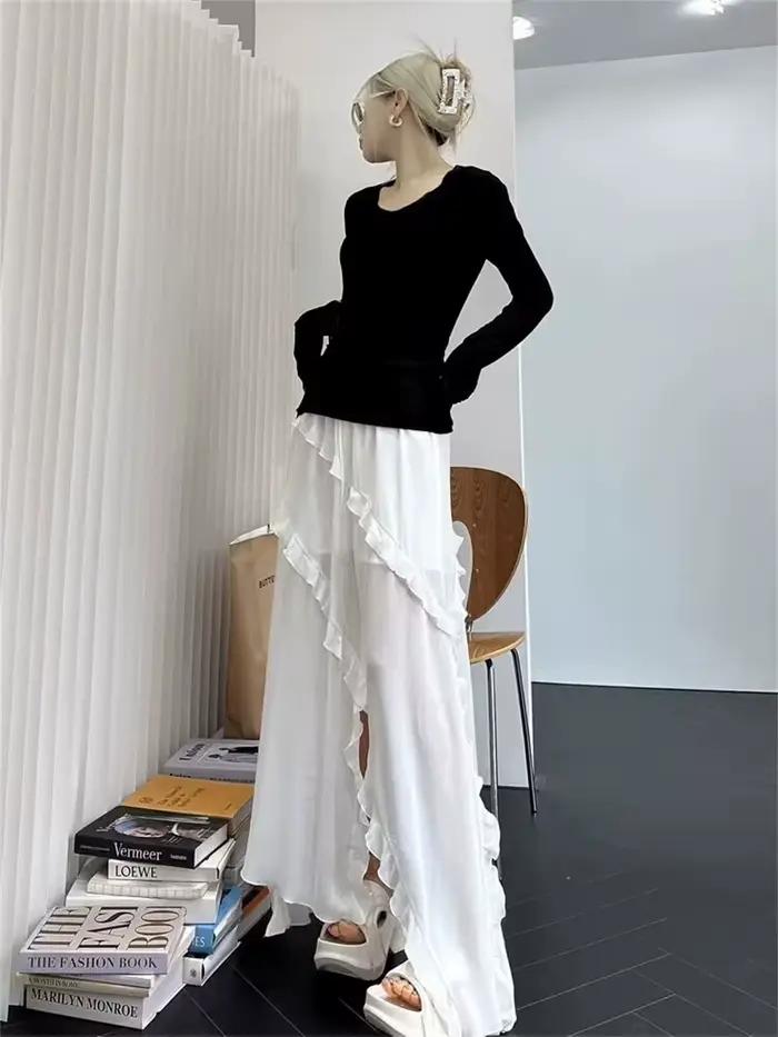 2025 Korean New Irregular High Waist Skirts Vintage Lady White Skirt French Style Fashion Ruffles Sweet