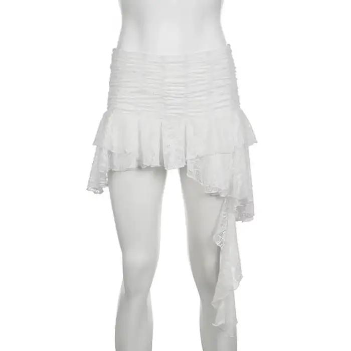 Jupe courte évasée en dentelle douce et irrégulière pour femme, taille haute, avec ruban, en velours, à volants texturés, coupe trapèze, été, décontracté, junior