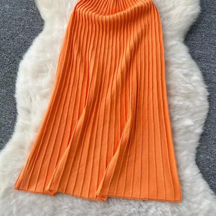 Robe longue plissée tricotée, taille haute, mi-longue, écharpe, élégante, sans manches, jaune, Streetwear, noire, moulante