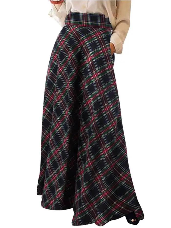 Mode femmes à carreaux Jupe longue Vintage automne Robe d'été ZANZEA décontracté taille haute a-ligne Faldas Saia ample